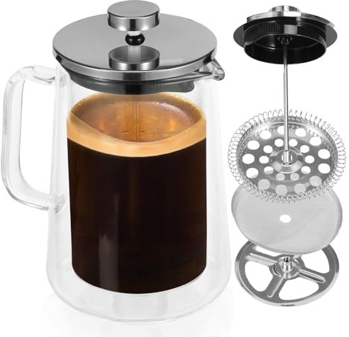 Caffettiera da 1000 ml, caffettiera a doppia parete in vetro con stantuffo trasparente, caffettiera francese, multifunzione, caffettiera per casa, ufficio e campeggio (1000 ml)
