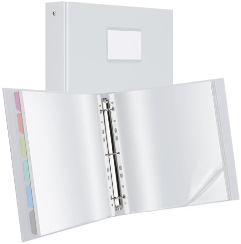 Uquelic Raccoglitore documenti con 50 Buste Perforate Trasparenti A4 e 6 pagine divisorie colorate in PP, cartelle portadocumenti in cartone per documenti, certificati, ricevute, grigio