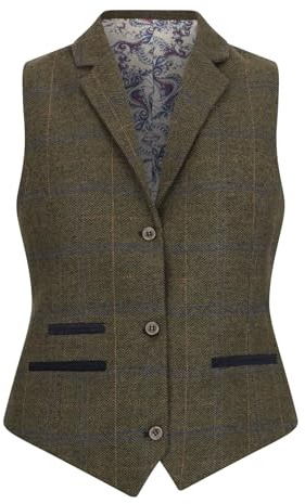 TruClothing Chaleco blazer a cuadros de mezcla de lana verde oliva para mujer, Chaleco verde oliva, 48