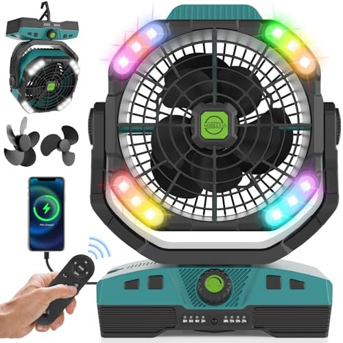 RUNTOP 20000mAh Camping Fan Rechargeable, Oscillating Battery Operated Fan with LED/RGB Light & Remote, Portable USB Battery Powered Fans for Tents Fishing, Picnic Travel Outdoor DeskFan (Cyan)