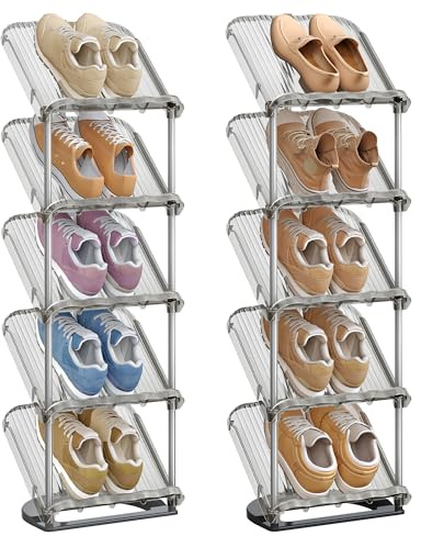SONGMICS Zapateros, 5 Niveles, Juego de 2, Organizador de Zapatos de Plástico, 24,5 x 28,4 x 102,5 cm, Modular, para Entrada, Pasillo o Vestidor, Gris LPC050GZ01