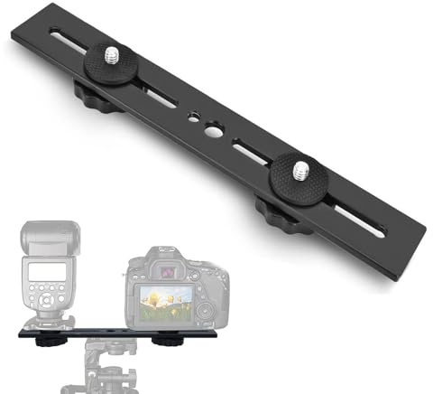 THQAE Support De Flash Double 20 cm, Rail De Flash En Aluminium Avec Vis 1/4 Et 3/8, Support Pour Flash Appareil Photo Avec Double Griffe Pour Appareil Photo DSLR, Lumière LED