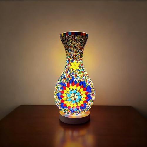 wpdash Handcrafted Turkish Table Lamp Stained Glass Vase Wood Base for Bedside Reading Coffee Table Centerpiece and Romantic Dinner Lighting Plug-in with Button - USB Plug（5.11in*11in）
