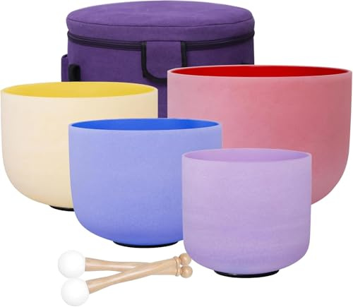 ENERGYSOUN 432 Hz Colored Frosted 12 C 10E 8 G 6 B Chakra Quartz Crystal Singing Bowl Set +Case Bag + Mallets &O-Rings