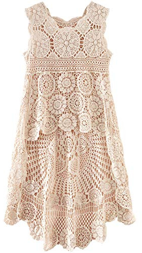 PUWEI Women's Hollow Out Hi-Low Tank Top Floral Crochet Swimsuit Bikini Cover Up （0368-Apricot-One Size）