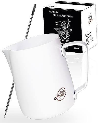 Pro@Home43® Bricco Latte professionale, Bricco per Latte in Acciaio Inox, lattiera per cappuccino 350 ml in bianco con penna Latte Art e confezione regalo