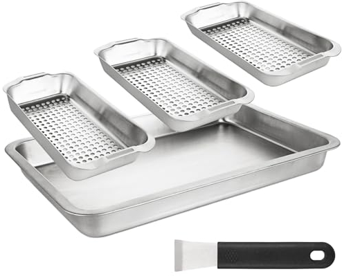 CYEER Grillschale Edelstahl, Grillkorb Edelstahl, Grillkorb Set, Grillschale Edelstahl Gemüse Enthält 3 Edelstahl Grillkörbe mit Löcher, EIN Serviertablett und Hebegriff für Gemüse Fleisch Fisch