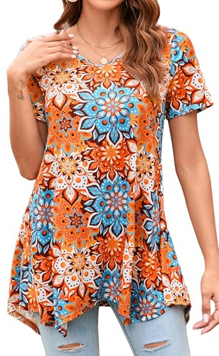 Enmain Camiseta Mujer Manga Corta Top Túnica Larga Cuello de Pico Blusa Elegante y Cómoda Talla Grande Tops Estampadas T Shirt para Mujeres,Naranja,XL