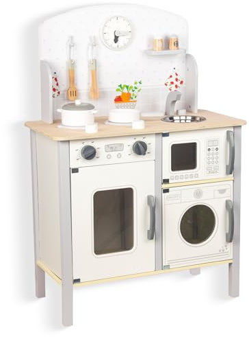 WOODENFUN Cucina giochi per bambini 3-8, in legno per bambini che giocano cucina Playset Chef Pretend Play Set per bambini piccoli, giocattoli da cucina regali per ragazzi ragazze (bianco)