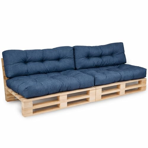 bananair - Cuscini per Pallet - Tessuto Idrorepellente e Anti-UV - Confortevole, Imbottito in Schiuma - Cuscini per Divano Esterno Giardino (2 Sedili 120x80 cm + 2 Schienali 120x40 cm, Blu)