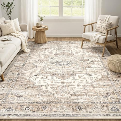 ZUNTKON Washable 6x9 Area Rugs for Living Room: Soft Tea Brown Vintage Rug