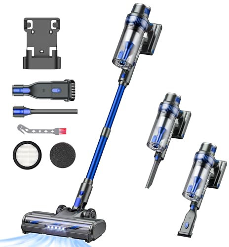 Cordless Vacuum Cleaner, Powerful Stick Vacuum Cleaners with Charging Wall, MAX 60Mins Runtime, Smart LED Touch Display, Lightweight Handheld Vacuum Cleaner for Carpet Hard Floor Pet Hair (Dark Blue)