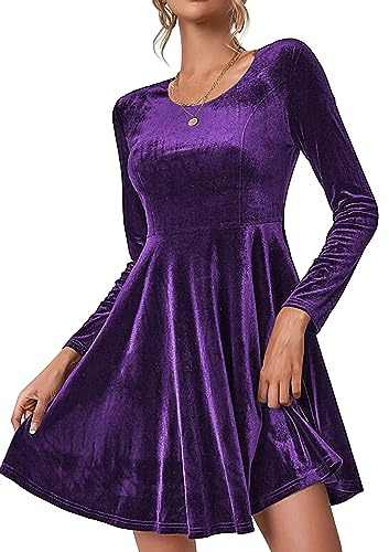Zeagoo Sammetsklänning för kvinnor, långärmad aftonklänning, julklänning, rund hals, festklänning, festliga klänningar, knälång vinterklänning, cocktailklänning, violett, S