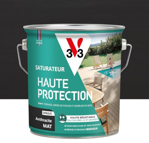 V33 Saturateur bois extérieur Anthracite mat - Pour terrasses et mobilier de jardin - Haute résistance eau chlorée, UV et graisse - Sans essuyage et non glissant - Résine d'origine végétale - 2,5L