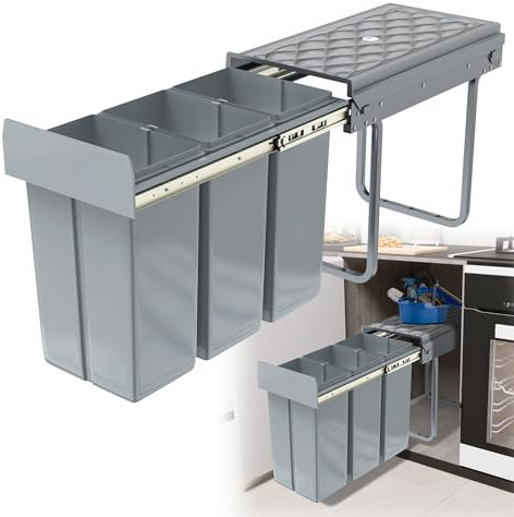 HENGMEI Pattumiera da incasso, da incasso, per cucina, con guide telescopiche, colore grigio (3 x 10 L)