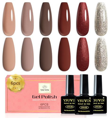 YSUVIN UV Nagellack, 6 Farben Nude Braun Glitzer Burgunder Gold Gel Nagellack Soak-off UV Gellack für Anfänger DIY Nail Art Maniküre Salon, Langlebig, 8ML