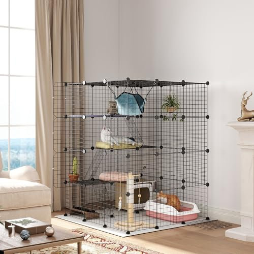 PawHut Cat Cage Indoor, DIY 4 Tier Wire Cat Enclosure with Hammock, Ramps, Doors, Jumping Platforms, Detachable Catio Indoor for 1-3 Cats, 105 x 105 x 140 cm, Black