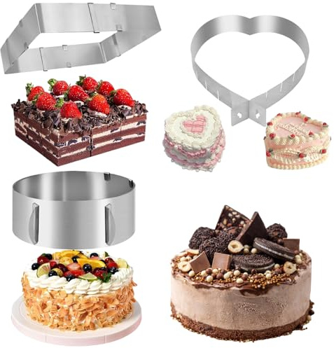 bssmmai 3 Piezas Aro Para Tartas Ajustable 16-30cm, Molde Extensible Rectangular Reposteria, Anillo de Pastel de Corazón Ajustable, con 1 Manga Pastelera + 6 Puntas de Repostería