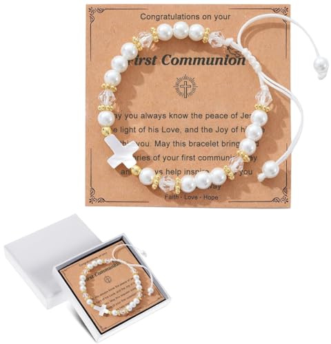 GGUFAY Niñas Cruz Comunión Pulsera, Regalos Comunion Niña Regalo Niña Primera Comunion Pulseras Comunión Tarjeta Bautizo Bebe Recien Nacido Hija Nieta Sobrina Ahijada