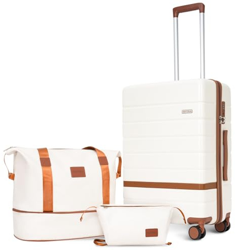 Voytra 3-Piece 20 Inch Carry On Luggage Set, Durable Hardshell Spinner Wheel Suitcase with TSA Lock, Lightweight PC+ABS for Family Vacation Business Travel Airline Approved, Beige