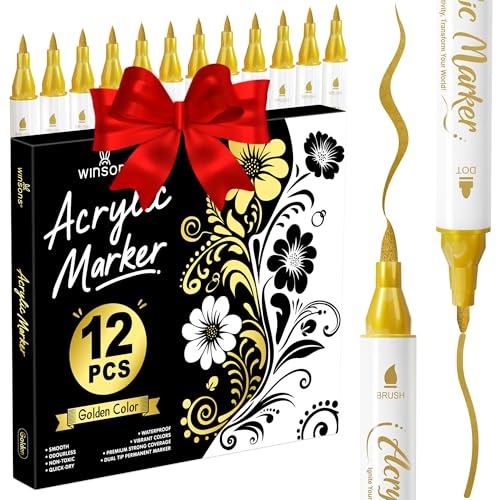 WINSONS Golden Acrylic Paint Pens, Colouring Pens, Marker Pens With Dual Tip Fine And Brush, Waterproof, Non-Toxic, Odorless, For Multiple Surfaces, 12 PCS