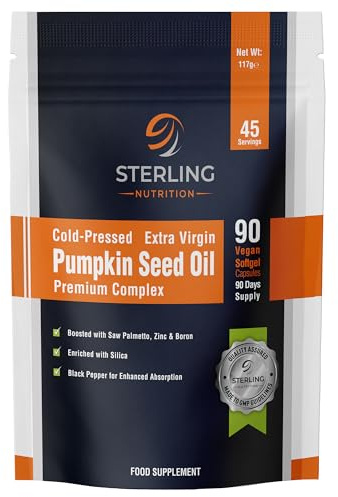 Pumpkin Seed Oil Capsules Premium - Cold Pressed Extra Virgin, 90 Vegan Softgels (45 Days) | High Strength 2000mg Supplements with Omega 6 & 9 | STERLING NUTRITION