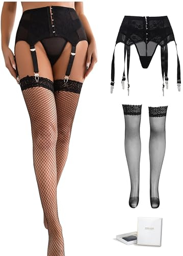 comeondear 6 Straps Suspenders and Stockings Lingerie Sets, Plus Size Women's Sexy Garter Belt Stretchy Nightewar UK 16-18, Black (with Stocking & Thong)