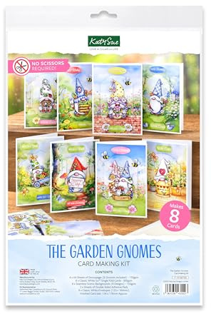 Katy Sue The Garden Gnomes Card Making Kit. Makes 8 Cards 127 & 178 Millimetres. Contains Gnome Die-Cut Decoupage, Background Scenes, Cards, Envelopes & Foam Pads for Card Making Supplies. UK-Made.