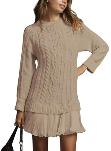 WINKEEY Vestito Donna Invernale Abito a Maglia Manica Lunga Mini Abito Elegante Maglione Lavorato Tinta Unita,Cachi S
