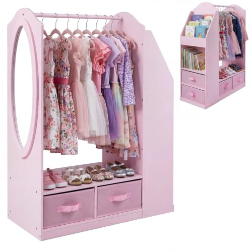 Maxmass Kids Wardrobe with Mirror, Drawers, Storage Shelf (Pink)