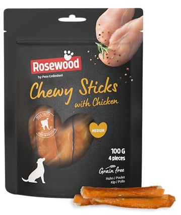Rosewood Chewy Sticks Poulet Medium – Friandise à mâcher pour Chien au Poulet et Peau de bœuf, Aide aux Soins dentaires, sans céréales ni Gluten, sans additifs artificiels, 100 g