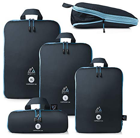MNT10 Packtaschen mit Kompression S, M, L, XL I Blau I Packwürfel mit Schlaufe als Koffer-Organizer I leichte Kompressionsbeutel für den Rucksack (1x Gr. L)