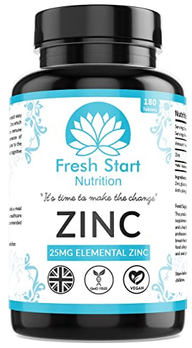 Zinc Tablets 25mg – Zinc Tablets High Strength for Maintenance of Normal Immune System, Hair, Skin, Nails & Bones Zinc Supplements - 180 Vegan Tablets – Made in The UK by Fresh Start Nutrition