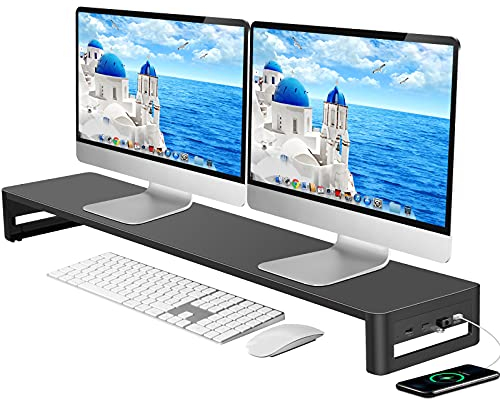 VAYDEER Doppelter PC-Monitorständer mit 4 USB-Anschlüssen, Aluminium-Schirmständer für 2 Monitore, Metall-Monitorständer bis zu 32 Zoll für PC & Laptop - Schwarz