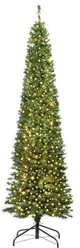 Celebright 6ft/1.8m Artificial Pencil Slim Space Saving Christmas Tree, Pre Lit With 300 Warm White & Multi Colour LED Lights - On/Off Pedal Included - 11 Light Functions(Green)