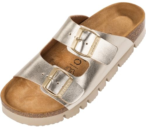 Palado Pantoletten Damen Korfu PL Metallic - bequeme Sandalen Made in Spain - Hausschuhe mit Kork-Fußbett - modische Sommerschuhe Silber UK7 - EU40
