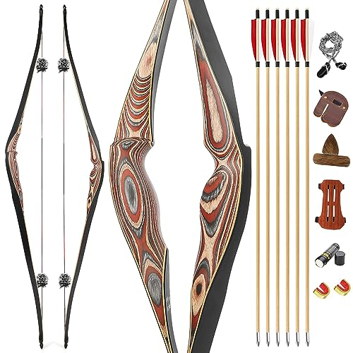 HNZMDY Bogenschießen 58 Traditioneller Recurve Bogen Jagdbogen Langbogen Handgemachte Rechte Hand zum Zielen auf Jugendliche und Erwachsene Bogen Set 20-50lbs (45lbs, Rechte Hand)