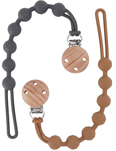 Silicone Dummy Clip for Baby Boys and Girls, One Piece Pacifier Clips, Wooden Soother Clips Design, Fits Most Pacifiers and Teething Toys, 2 Pack (Clay+Dark Grey)