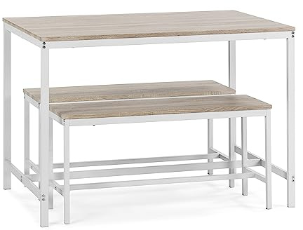 VS Venta-stock Conjunto Mesa y 2 Bancos Lisboa Blanco para Comedor o Cocina, Mesa 110 cm x 70 cm x 75 cm, Estructura metálica
