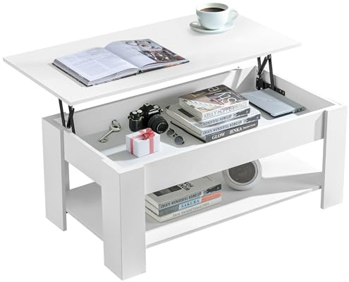 Coffee Table with Storage, Lift Up Coffee Tables for Living Room, Wooden Coffee Table with 1 Shelf Large Hidden Storage Rectangular Sofa End Lift-Top White Tea Table White, 120x60x(49.5-62.5) H cm