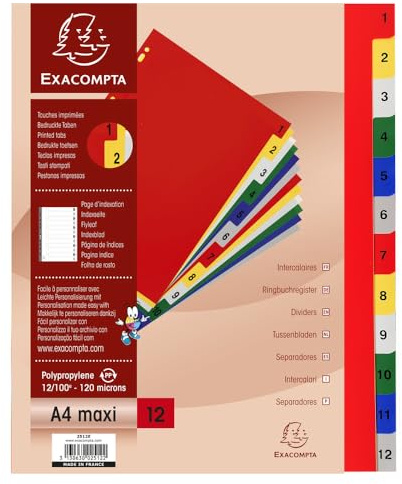 Exacompta - Réf. 2512E - Carton de 20 intercalaires en polypropylène avec 12 onglets imprimés numériques de 1 à 12 en couleur - Page d'indexation imprimable - pour A4 maxi - Dim 24,5 x 29,7 cm