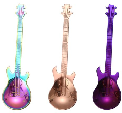 POFET Set di cucchiai per chitarra colorati, set di cucchiai da dessert in acciaio inossidabile da 3 pezzi Cucchiaino da tè Cucchiaio da yogurt Cucchiaio piccolo da casa per tè Latte Caffè