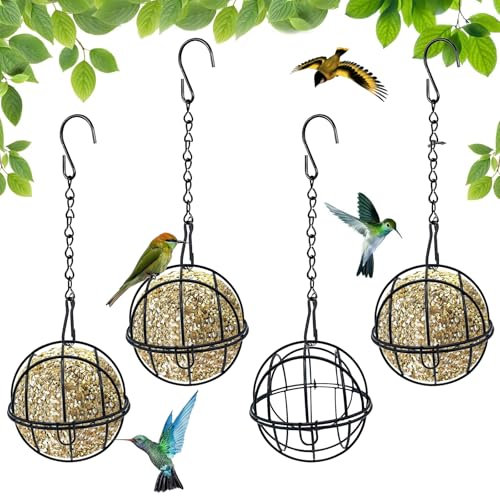 Pizsieat 4 comederos de bolas de grasa, comederos para pájaros, estación colgante, soportes para bolas de grasa para pájaros con 4 ganchos en forma de S, soporte de bolas de sebo de metal para jardín