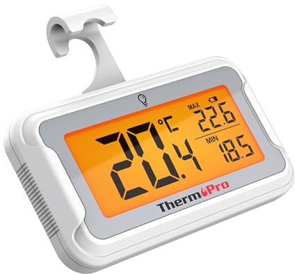 ThermoPro Termometro per Frigorifero con Ampio Display LCD Retroilluminato Termometro Freezer e Congelatore Impermeabile con Registrazione Max/Min Termometro Frigorifero Magnetiche e Supporto