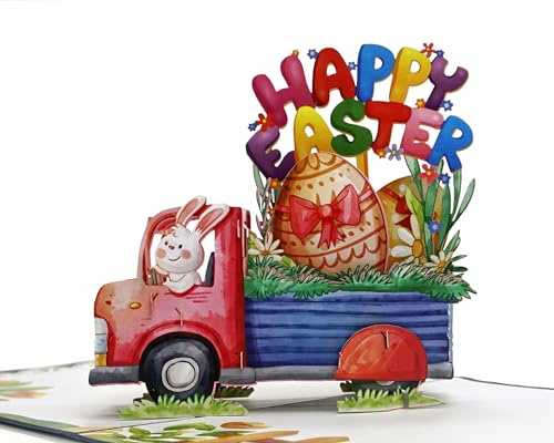 Senticut Carte pop-up 3D Happy Easter Bunny Truck - Une ravissante carte de vœux surprise de Pâques pour enfants, famille et amis - 15 x 15 cm (camion de Pâques)