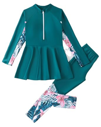 Odizli Burkini Swimwear for Girls Kids Modest Swimsuit Long Sleeve Zip Up Top + Swim Pants Full Body Muslim Islamic Swimming Costume Wetsuit Bathing Suit Rash Guard Beachwear Green 9-10 Years