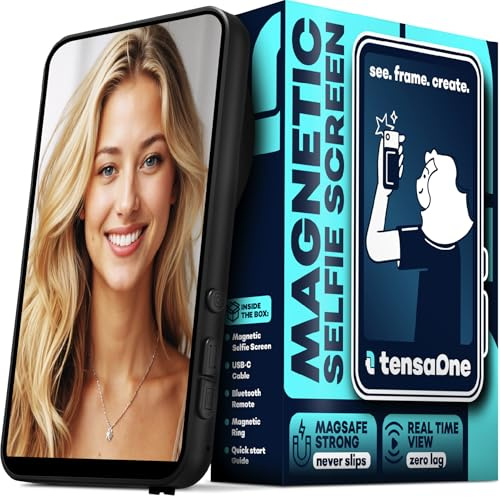TensaOne Selfie Monitor Screen for iPhone & Android – Magnetic Wireless Vlog Screens for Back Camera, 4K Mirroring External Monitors, Content Creator Cell Phone Accessories with Bluetooth Remote