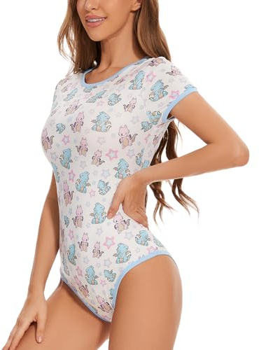 Söt Onesie pyjamas för vuxna för kvinnor: Sparkdräkt pyjamas med dinosaurietryck, Vitt, M | Sparkdräkt pyjamas med dinosaurie- och draktryck - kortärmad vardaglig bodysuit