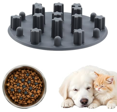 Slow Feeder Insert for Cat Dog Bowls, Anti-Choking Silicone with Strong Suction Cups, Fits Most Cat Bowls, Ideal for Puppy Small Medium Breeds (Grey)
