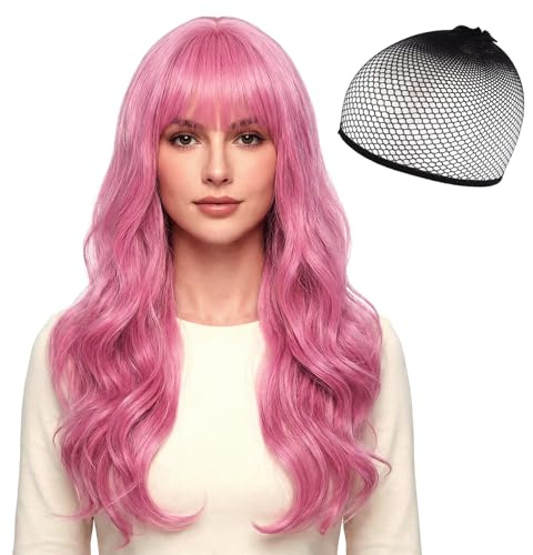 HTTDSLF 66cm Sintetico Parrucca Rosa Lungo Ondulato Capelli, Parrucca Rosa Ondulata con Frangia per Donna, Cosplay Costume Anime Universale, Perfetta per Feste, Uso Quotidiano, Festival e Halloween